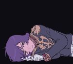  1boy absurdres belt black_background brown_eyes cle_423 closed_mouth commentary epaulettes furrowed_brow garma_zabi gloves green_jacket gundam high_collar highres jacket light_frown long_sleeves looking_at_viewer lying male_focus military_uniform mobile_suit_gundam on_side purple_hair science_fiction short_hair simple_background solo white_belt white_gloves zeon 