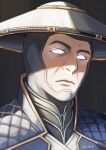  1boy ajirogasa frown glowing glowing_eyes grey_background hat highres looking_to_the_side male_focus mole mole_under_mouth mortal_kombat_(series) mortal_kombat_11 portrait raiden_(mortal_kombat) seacobalt solo white_eyes white_hat 