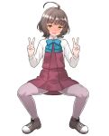  1girl absurdres ahoge aqua_bow aqua_bowtie black_shoes blunt_bangs blush bow bowtie collared_shirt commentary_request commission cowboy_shot double_v dress embarrassed full-face_blush full_body furaggu_(frag_0416) highres kantai_collection kishinami_(kancolle) pantyhose pinafore_dress pixiv_commission purple_pantyhose red_dress shirt shoes short_hair simple_background sleeveless sleeveless_dress sneakers solo squatting standing v variant_set white_background white_shirt yellow_eyes 