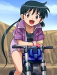  bicycle bike black_hair brown_eyes canyon haruyama_kazunori idaten_jump jacket motor_vehicle motorcycle open_mouth panties shidou_makoto underwear valley vehicle 