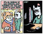 2_panel_comic 5:4 anthro cane cheek_tuft clothing computer desmond_(rawdawgcomics) dialogue domestic_cat duo electronics english_text eyewear facial_tuft felid feline felis glasses hair half-closed_eyes humor khakis male mammal narrowed_eyes orange_hair rawdawgcomics smile speech_bubble sweater text topwear tuft white_hair