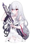  1girl apex_legends assault_rifle bare_shoulders black_hair blush breasts cleavage closed_mouth commentary_request crescent crescent_earrings crossed_bangs dress duchi0356 earendel_(jishenkong_jihua) earrings gloves gradient_hair gun hair_between_eyes halter_dress halterneck hand_up highres holding holding_gun holding_weapon jewelry jishenkong_jihua large_breasts long_hair looking_at_viewer multicolored_hair off-shoulder_dress off_shoulder r-301_carbine red_eyes red_ribbon ribbon rifle see-through_clothes see-through_dress simple_background single_earring solo standing thighhighs thighs very_long_hair virtual_youtuber weapon white_background white_dress white_gloves white_hair white_thighhighs 