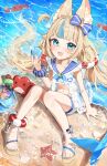  1girl :d absurdres animal_ear_fluff beach bikini bikini_under_clothes bikini_under_shorts blonde_hair blue_bikini blue_eyes blue_hair blue_nails blue_sailor_collar blunt_bangs commentary crab day dress english_commentary fangs fins fish_girl fish_tail frilled_bikini frilled_shirt_collar frills front_slit hair_flaps halterneck hand_up highres holding_seashell indie_virtual_youtuber lifebuoy_hair_ornament long_hair looking_at_viewer low_twintails meltyrice midriff multicolored_hair nail_polish navel one_side_up outdoors sailor_collar sameko_saba sandals scrunchie shark_girl shark_tail short_shorts shorts side-tie_bikini_bottom simple_background single_bare_arm sitting smile solo starfish streaked_hair striped_bikini striped_clothes swimsuit tail teeth toenails twintails upper_teeth_only very_long_hair virtual_youtuber white_background white_dress white_shorts wrist_scrunchie 