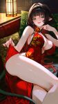  1girl absurdres animal_ears bare_legs black_hair breasts china_dress chinese_clothes dress green_eyes highres jane_doe_(zenless_zone_zero) junwon09 large_breasts legs long_hair looking_at_viewer mouse_ears mouse_girl open_mouth smile solo thighs zenless_zone_zero 