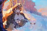  arm_guards bara birch_tree bird chest_fur headband highres horkeu_kamui kiekoio multicolored_hair school_uniform snowing sunset tokyo_afterschool_summoners tree two-tone_fur two-tone_hair white_bird yellow_eyes 