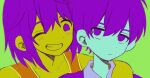  2boys ;d arm_around_neck bare_shoulders blue_skin collared_shirt colored_skin dot_nose double-parted_bangs empty_eyes green_background grin hair_behind_ear hair_between_eyes highres jitome kel_(faraway)_(omori) kel_(omori) limited_palette looking_at_another looking_at_viewer male_focus multiple_boys my_loleeta no_pupils omori one_eye_closed orange_tank_top portrait purple_eyes purple_hair purple_sweater shirt short_hair simple_background smile sunny_(omori) sweater tank_top yellow_skin 