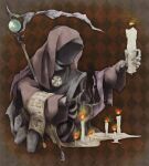  1boy andersen&#039;s_fairy_tales bag bandaged_hand bandages black_background black_cloak brown_cloak candle checkered_background cloak coffin commentary_request death_(entity) faceless fire godfather_death_(andersen) grim_reaper holding hourglass in_palm looking_at_another no32alice original red_background ribs robe scroll scythe silhouette skeletal_hand stopwatch two-tone_background 