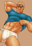  1boy abs arm_behind_head bandaid bandaid_on_face bara biceps blonde_hair blue_shirt blush bulge cid_highwind clothes_lift commentary_request covered_nipples covered_pectorals covered_testicles erection erection_under_clothes final_fantasy final_fantasy_vii goggles goggles_on_head hand_on_own_head looking_at_viewer magnum_feering male_focus male_underwear muscular muscular_male pectorals precum precum_through_clothes shirt shirt_lift spiked_hair sweatdrop underwear white_male_underwear 