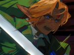  1boy angry blonde_hair blood blood_on_face blue_eyes collared_shirt curtained_hair fang green_hat green_tunic hat lilium815719 link male_focus master_sword open_mouth shirt solo sword teeth the_legend_of_zelda the_legend_of_zelda:_ocarina_of_time tongue tunic upper_body weapon white_shirt wing_collar 