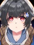  1girl absurdres black_hair blue_serafuku breasts brown_shawl cleavage close-up from_above hair_flaps hair_ornament hairclip highres jingei_(kancolle) kantai_collection large_breasts long_hair looking_at_viewer red_eyes school_uniform serafuku shawl shigatsu_(soratobuusagi) solo whale_hair_ornament 