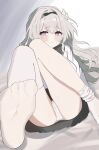  1girl absurdres black_hairband black_skirt blush cameltoe commentary_request firefly_(honkai:_star_rail) firefly_(spring_missive)_(honkai:_star_rail) hairband highres honkai:_star_rail honkai_(series) long_hair multicolored_eyes nuuuukoame official_alternate_costume panties school_uniform serafuku sitting skirt soles solo thighhighs thighs two-tone_eyes underwear white_panties white_serafuku white_thighhighs 