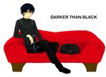  1boy animal belt black_cat black_eyes black_hair black_pants black_shirt cat collar couch darker_than_black hei male male_focus mao mao_(darker_than_black) pants red_upholstery shirt simple_background sitting sleeping solo text white_background 