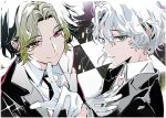  2boys black_hair black_necktie black_suit border checkered_floor collared_shirt curtained_hair gloves green_eyes green_hair grey_hair heterochromia inami_rai jacket looking_at_viewer male_focus multiple_boys murakumo_kagetsu necktie nijisanji purple_eyes red_eyes shirt smile sparkle suit suit_jacket suou_(sdurorhr) upper_body virtual_youtuber wavy_hair white_border white_gloves white_shirt 