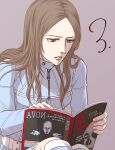  1girl belt blue_eyes brown_hair countdown cover denim long_hair magazine_(object) magazine_cover pink_lips pink_nails reading shin_megami_tensei shin_megami_tensei_iii:_nocturne sitting solo tachibana_chiaki_(megami_tensei) upper_body watabashi_yf zipper 