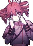  1girl ahoge art_waven black_sleeve_cuffs bow buttons chromatic_aberration colored_inner_hair crop_top cropped_jacket double-breasted double-parted_bangs drill_hair film_grain grey_jacket hair_between_eyes hair_bow hands_on_own_cheeks hands_on_own_face hashtag-only_commentary highres jacket kasane_teto kasane_teto_(sv) layered_sleeves lips long_sleeves looking_at_viewer makeup medium_hair midriff multicolored_hair musical_staff musical_staff_print pale_skin parted_lips red_eyes red_hair red_nails red_trim ringed_eyes runny_makeup short_over_long_sleeves short_sleeves solo straight-on synthesizer_v turtleneck turtleneck_jacket twin_drills twitter_username upper_body utau white_bow 