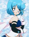  1990s_(style) 1girl armlet bad_id bad_twitter_id bare_shoulders bishie_sparkle black_sleeves blue_background blue_eyes blue_gemstone blue_hair blue_shirt blue_skirt blue_theme blush_stickers bright_pupils bubble cape clothing_cutout collared_cape commentary cowboy_shot detached_sleeves dot_nose english_commentary eyelashes faux_retro_artstyle fortissimo frilled_shirt frills gem gloves hair_ornament hairclip happy high_collar honeymoonpetal jewelry light_particles long_sleeves magical_girl mahou_shoujo_madoka_magica mahou_shoujo_madoka_magica_(anime) miki_sayaka musical_note musical_note_hair_ornament open_mouth retro_artstyle shirt short_hair skirt smile solo sparkle stomach_cutout stomach_jewel strapless strapless_shirt tareme two-tone_shirt v white_cape white_gloves white_pupils white_shirt 