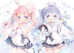  2girls :d animal_ear_fluff animal_ears animal_print apron black_skirt blue_eyes blue_flower blush butterfly_print commentary_request floral_print flower frilled_apron frilled_skirt frills grey_hair hair_between_eyes hands_up haru_ichigo highres holding holding_tray japanese_clothes kimono long_sleeves maid maid_headdress multiple_girls original pennant pink_flower pink_hair print_kimono rabbit_ears skirt smile string_of_flags thighhighs tray twintails wa_maid white_apron white_background white_kimono white_thighhighs wide_sleeves 