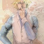  1boy blonde_hair blue_eyes blue_shirt cigarette darker_than_black hand_on_hip hips looking_at_viewer lowres male male_focus necktie november_11 shirt sleeve_garter smoke smoking solo vest waistcoat white_vest 