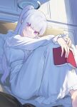  1girl absurdres blue_archive blunt_bangs book frilled_pajamas frills grey_hair halo highres holding holding_book long_hair looking_at_viewer mechanical_halo naezy_miao nightgown noa_(blue_archive) noa_(pajamas)_(blue_archive) on_bed pajamas ponytail purple_eyes skirt smile white_nightgown white_pajamas white_skirt 