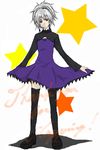  1girl darker_than_black dress female full_body grey_hair hair_ribbon long_sleeves maroon_eyes ponytail purple_dress ribbon solo standing star text thighhighs yin 