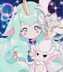 1990s_(style) 1girl animal_ears aqua_eyes aqua_hair bad_id bad_twitter_id blue_background blue_bow blue_bowtie blue_choker bow bowtie bright_pupils bubble character_request choker closed_mouth commentary dot_nose earrings english_commentary expressionless eyelashes eyeshadow faux_retro_artstyle gloves heart heart_earrings holding holding_staff honeymoonpetal horns jewelry league_of_legends leotard light_blush light_frown long_hair magical_girl makeup pink_eyeshadow retro_artstyle solo soraka_(league_of_legends) sparkle sparkling_eyes staff star-shaped_pupils star_(symbol) star_guardian_soraka stud_earrings symbol-shaped_pupils tareme unicorn_horn upper_body very_long_hair wavy_hair white_gloves white_leotard white_pupils winged_wand yellow_horns 