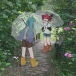  2girls :d ahoge alternate_costume anchannnnnn blue_shorts blush boots brown_boots brown_shorts closed_eyes commentary_request drill_hair film_grain flower hair_between_eyes hatsune_miku highres holding holding_umbrella kasane_teto kasane_teto_(sv) laughing long_hair long_sleeves looking_at_another multiple_girls open_mouth outdoors pink_flower pink_rose puddle red_eyes red_hair rose rubber_boots shirt short_sleeves shorts smile synthesizer_v transparent transparent_umbrella tree twin_drills twintails two-tone_shirt umbrella utau vocaloid yellow_boots 