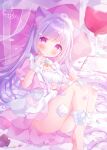  1girl animal_ear_fluff animal_ears apron balloon bandaged_leg bandages bandaid bandaid_hair_ornament bandaid_on_arm bandaid_on_finger bandaid_on_knee bandaid_on_leg bandaid_on_thigh bell blush bra breasts cat_ears cat_girl clipboard commentary cross_hair_ornament dress finger_to_mouth full_body gauze gauze_on_knee gauze_on_leg hair_ornament hairband head_on_pillow highres long_hair looking_at_viewer lying neck_bell nurse omochi_monaka on_back open_clothes open_dress original pill pill_bottle pillow pink_dress puffy_short_sleeves puffy_sleeves purple_eyes purple_hair short_dress short_sleeves signature small_breasts solo symbol-only_commentary twintails twitter_username underwear very_long_hair waist_apron white_apron white_bra white_hairband white_wrist_cuffs wrist_cuffs yume_kawaii 