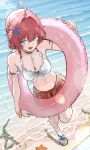  1girl absurdres ahoge alternate_costume bare_legs bare_shoulders beach bikini black_bikini blue_eyes braid breasts cleavage commentary danjin_(wuthering_waves) english_commentary frilled_bikini_top front-tie_bikini_top front-tie_top hair_intakes hair_ornament highres holding holding_swim_ring jewelry legs long_hair looking_at_viewer md5_mismatch medium_breasts mismatched_bikini navel ocean open_mouth red_hair red_skirt ryeon_(naturesan) sand sandals short_hair skirt smile standing standing_on_one_leg stomach swim_ring swimsuit tacet_mark_(wuthering_waves) thighlet toes white_bikini wuthering_waves 