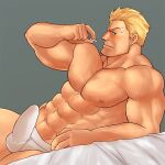  1boy abs bandaid bandaid_on_face bara bare_pectorals beard_stubble biceps blonde_hair blush bulge cid_highwind cigarette commentary_request covered_testicles erection erection_under_clothes facial_hair final_fantasy final_fantasy_vii holding holding_cigarette lying magnum_feering male_focus male_underwear muscular muscular_male navel nipples on_bed on_side pectorals stubble swept_bangs underwear white_male_underwear 