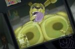 against_surface animatronic anthro big_muscles big_nipples big_pecs camera computer dark_room electronics five_nights_at_freddy&#039;s five_nights_at_freddy&#039;s_3 freddy_(fnaf) fur glowing glowing_eyes grey_eyes half-closed_eyes hi_res lagomorph leporid licking licking_glass machine male mammal monitor muscular muscular_anthro muscular_male narrowed_eyes nipples on_glass pecs poster purple_tongue rabbit robot scottgames shadow solo springtrap_(fnaf) starmoral tongue tongue_out watermark yellow_body yellow_fur