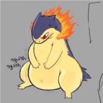 1:1 3_toes 4_fingers ambiguous_gender anthro belly big_belly bodily_fluids colored digital_drawing_(artwork) digital_media_(artwork) feet fingers fire flaming_hair generation_2_pokemon looking_down navel nintendo onomatopoeia overweight overweight_anthro pokemon pokemon_(species) pseudo_hair solo sound_effects squish sweat text toes typhlosion worried_look x_navel zlut385