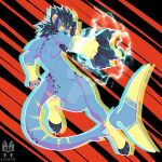 anthro athletic athletic_female claws electricity felid female flat_chested hair hi_res knockout_(krapette) krapette lightning lion mammal mane muscular muscular_female navel pantherine paws powers shark_tail simple_background solo sparks tail