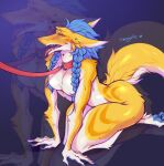 anthro arm_tuft blue_hair blue_pawpads blush bodily_fluids braided_hair butt_tuft elbow_tuft fur hair heart_eyes heart_symbol hi_res kneeling male male_anthro nude open_mouth pawpads red_tongue saliva saliva_string sergal shoulder_tuft smogville solo tongue tuft white_body white_fur yellow_body yellow_fur
