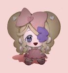  blonde_hair blue_eyes blush bow character_doll colored_eyepatch doll dress eyepatch footwear_bow frilled_wrist_cuffs frills happy harime_nui heart kill_la_kill long_hair pink_background pink_bow pink_dress pink_shoes pink_wrist_cuffs shadow shoes supertr37539983 twintails wrist_cuffs 