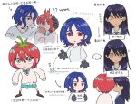  !? ... 1boy 2girls amate_yuzuriha aqua_eyes arrow_(symbol) blue_hair blush chinese_commentary chinese_text coin collared_shirt colored_inner_hair commentary_request deformed gundam gundam_gquuuuuux highres jacket long_hair long_sleeves multicolored_hair multiple_girls multiple_views necktie nyaan_(gundam_gquuuuuux) open_mouth purple_hair red_eyes red_hair school_uniform shenghuotui_xingxing shirt short_hair shuji_ito simple_background skirt speech_bubble spoken_ellipsis sweatdrop sweater tomato translation_request two-tone_hair white_background wireless_earphones yellow_eyes 
