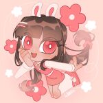  1girl absurdly_long_hair animal_ears blunt_bangs bright_pupils brown_hair chibi choker colored_eyelashes commentary commission dark-skinned_female dark_skin dotted_line double-parted_bangs english_commentary eyes_visible_through_hair floating_hair flower hair_ornament hair_scrunchie hairclip hand_on_own_cheek hand_on_own_face happy highres jumping kneehighs knees light_blush long_hair long_sleeves low-tied_long_hair mary_janes miniskirt open_mouth original pink_background pink_eyes pink_flower pink_scrunchie pink_shoes pink_skirt pink_theme pink_vest rabbit_charm rabbit_ears scrunchie shirt shoes sidelocks signature simple_background skirt skirt_set smile socks solo v-neck very_long_hair vest white_choker white_flower white_pupils white_shirt white_socks wikate 