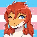 1:1 alternate_species anthro artkett1412 blue_eyes blush braided_hair brown_body clothed clothing countershade_face countershade_neck countershading digital_media_(artwork) dinosaur dromaeosaurid fan_character female goodbye_volcano_high hair headshot_portrait hi_res icon ko_op_(game_developer) lgbt_pride long_hair one_eye_closed portrait prehistoric_species pride_colors red_hair reptile scalie shirt simple_background smile snout solo sparkles theropod topwear trans_(lore) trans_woman_(lore) transgender_pride_colors utahraptor white_clothing white_shirt white_topwear wink wolf_nanaki