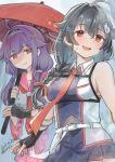  2girls black_gloves black_hair black_skirt blush breasts collared_shirt cosplay dated fingerless_gloves gloves hair_between_eyes hair_flaps highres holding holding_umbrella japanese_clothes jingei_(kancolle) kantai_collection kirisawa_juuzou long_hair multiple_girls neckerchief necktie oil-paper_umbrella open_mouth purple_hair red_eyes red_hair red_neckerchief red_necktie ryuuhou_(kancolle) ryuuhou_kai_ni_(kancolle) shigure_(kancolle) shigure_(kancolle)_(cosplay) shigure_kai_san_(kancolle) shigure_kai_san_(kancolle)_(cosplay) shirt signature skirt sleeveless sleeveless_shirt smile sweat taigei_(kancolle) umbrella wide_sleeves 