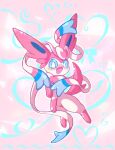 2025 ambiguous_gender astella1204 blue_eyes blush bow_(anatomy) bow_ribbon eeveelution fangs featureless_crotch feral fur generation_6_pokemon happy heart_background looking_at_viewer nintendo open_mouth paws pink_body pink_fur pokemon pokemon_(species) ribbons ribbons_(anatomy) signature simple_background solo sylveon tail teeth white_body