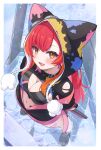  1girl absurdres animal_ear_hood anku bandaid bandaid_on_leg belt_collar black_collar blush border bra breasts character_name cleavage collar fang from_above highres hood hood_up hoodie looking_at_viewer multicolored_hair navel nekota_tsuna nekota_tsuna_(1st_costume) open_clothes open_hoodie open_mouth orange_eyes orange_hair outside_border paint_splatter red_hair shoes solo sports_bra standing striped_bra striped_clothes two-tone_hair underwear virtual_youtuber vspo! wading white_border 