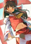  1girl absurdres ascot blush bow brown_eyes brown_hair cowboy_shot gohei hair_bow hair_tubes hakurei_reimu highres holding holding_gohei long_hair long_sleeves looking_at_viewer midriff navel open_mouth red_bow red_skirt red_vest ribbon-trimmed_sleeves ribbon_trim skirt solo standing touhou tungsten_mochoo vest white_sleeves yellow_ascot 