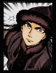  1boy azel_halgal black_hair braid brown_coat brown_hair coat commentary english_commentary facing_viewer fur-trimmed_coat fur_hat fur_trim hat kiyu-yuu kyrgyz_clothes long_hair looking_at_viewer otoyomegatari solo teeth white_background 
