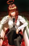  1girl absurdres bathtub black_necktie blood braid braided_ponytail breasts brick_floor chainsaw_man closed_mouth collared_shirt eyebrows_hidden_by_hair eyes_visible_through_hair facing_viewer faucet halo highres korean_commentary large_breasts long_hair long_sleeves looking_at_viewer makima_(chainsaw_man) necktie pool_of_blood red_hair sevenninet47503 shirt sitting solo thighs white_shirt yellow_eyes 