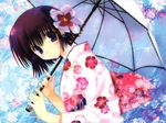  black_hair blush copyright_request flower japanese_clothes kimono mitsumi_misato solo umbrella 