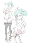  1girl aqua_hair bag bikini black_thighhighs breasts closed_mouth collared_shirt double_bun expressionless gloves grey_eyes hair_bun hat high_heels highres holding holding_syringe huge_breasts iniooooo lace-trimmed_thighhighs lace_trim looking_at_viewer mole mole_under_eye multiple_views nurse nurse_cap original parted_bangs partially_unbuttoned pink_bikini pink_shoes polka_dot polka_dot_bikini shirt shoes short_hair short_sleeves shoulder_bag simple_background sketch swimsuit syringe thighhighs white_background white_bag white_shirt 