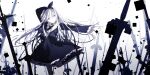  1girl absurdres arcaea arm_behind_head black_hairband black_jacket black_necktie black_ribbon black_skirt character_request closed_mouth collared_shirt commentary cross cross_earrings earrings feet_out_of_frame flower frilled_sleeves frills grey_eyes hair_between_eyes hair_ribbon hairband highres holding holding_sword holding_weapon jacket jewelry latin_cross long_hair long_sleeves maboroshi_(freeze000) necktie open_clothes open_jacket outstretched_arm planted ribbon shirt skirt slit_pupils smile solo standing sword too_many_weapons weapon white_flower white_shirt 