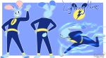 2025 anthro blue_background blue_body blue_eyes buckteeth digital_media_(artwork) electricity electricity_manipulation elemental_manipulation hi_res lagomorph leporid lightning lightning_bolt lightning_hare looking_at_viewer male mammal masterj291 model_sheet rabbit running simple_background smile smiling_at_viewer solo superhero teeth
