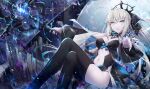  1girl black_bow black_dress black_thighhighs blue_eyes bow braid breasts center_opening cleavage crossed_legs dress fate/grand_order fate_(series) gabiran grey_hair hair_bow highres large_breasts long_hair long_sleeves looking_at_viewer morgan_le_fay_(fate) morgan_le_fay_(third_ascension)_(fate) navel pelvic_curtain ponytail sidelocks sitting solo spikes staff thighhighs thighs throne tiara two-tone_dress very_long_hair white_dress wide_sleeves 