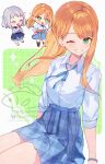  2girls ;d ^_^ blue_ribbon blue_skirt bluesky_username blush closed_eyes commentary_request gakuen_idolmaster grey_hair hatsuboshi_gakuen_school_uniform highres idolmaster katsuragi_lilja long_hair miyanome mole mole_under_eye multiple_girls multiple_views neck_ribbon one_eye_closed orange_hair ponytail ribbon school_uniform shirt shirt_tucked_in shiun_sumika sitting skirt smile twitter_username watermark white_shirt 