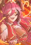  1girl ;d absurdres ailheim breasts cleavage dragalia_lost dragon_girl dragon_horns fangs fire gloves hair_between_eyes hands_on_own_face highres horns large_breasts long_bangs long_hair looking_at_viewer mym_(dragalia_lost) one_eye_closed open_mouth orange_eyes red_hair smile solo teeth upper_body 